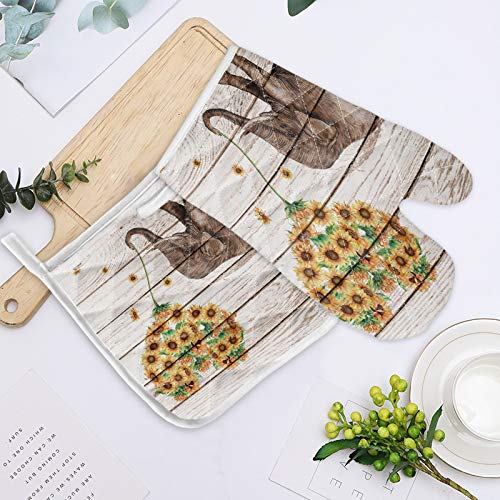 Sunflower Elephant Kitchen Oven Mitt And Pot Holder Love Heart With Sunflowers Oven Gloves And Hot Pads Heat Resistance Non-Slip Surface For Kitchen Bbq Cooking Baking Grilling, Rustic Wooden #TOP2