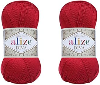 Alize Diva Hand Knitting Yarn - 100% Microfiber Acrylic With Silk Effect - Crochet Art Lace Craft - 2 Skeins, 200gr, 767 Yds (106-Red)
