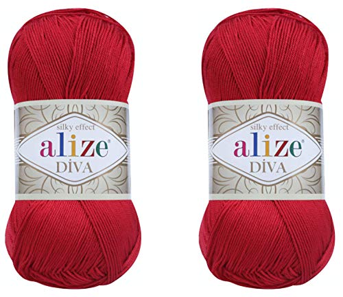 Alize Diva Hand Knitting Yarn - 100% Microfiber Acrylic With Silk Effect - Crochet Art Lace Craft - 2 Skeins, 200gr, 767 Yds (106-Red)