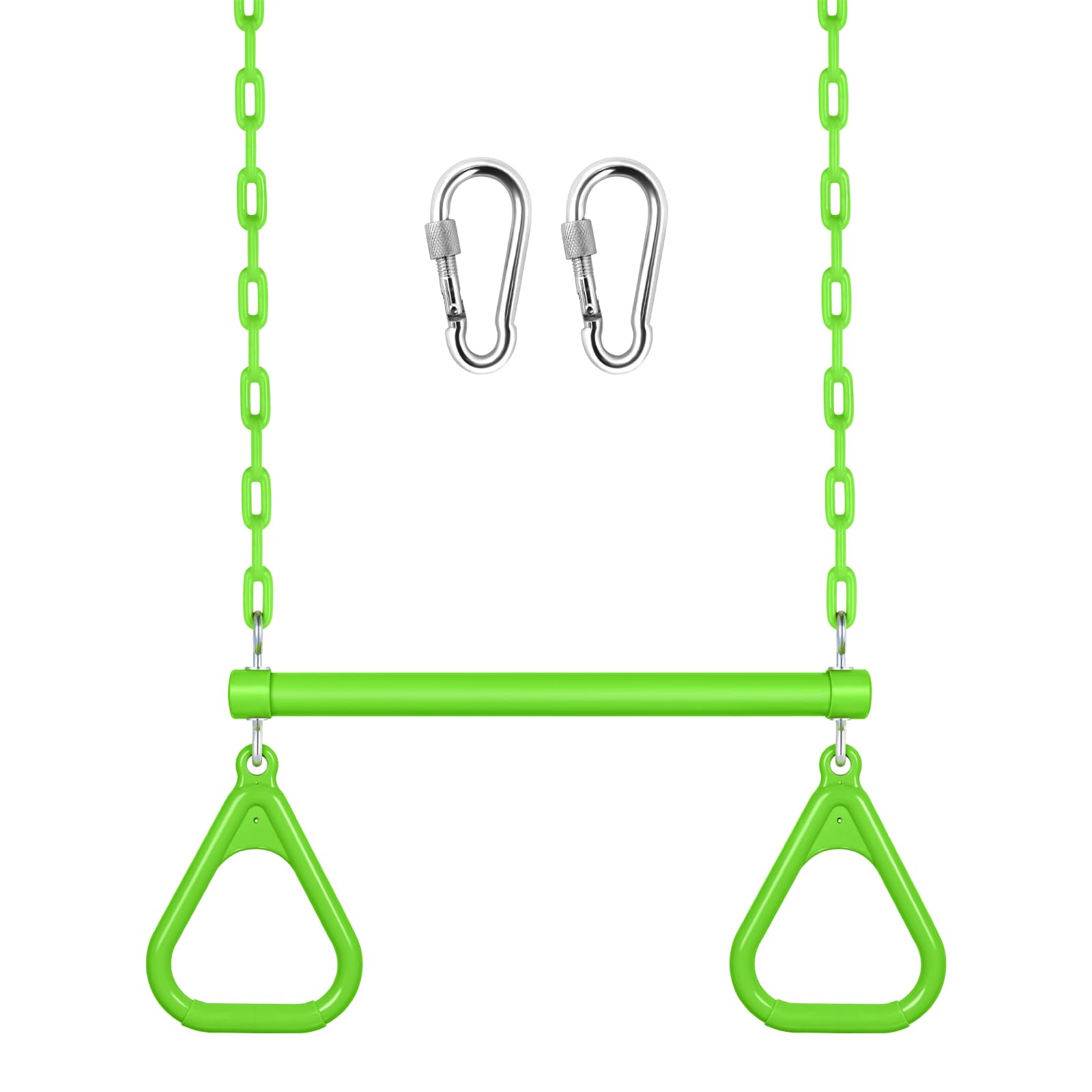 LadyRosian 17" Trapeze Bar Swing Set Gym Rings 47" Heavy Duty Chain Swing Set Accessories with Locking Carabiners Plastic Coated Chains Monkey Bars for Backyard, Playroom (Apple Green)
