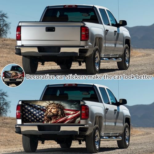 Image of Truck Tailgate Wraps Decals - 66x23.6 in American Flag Tailgate Graphics with Eagle for Trucks Pickup Personalized Decoration, Jesus Sticker Decal