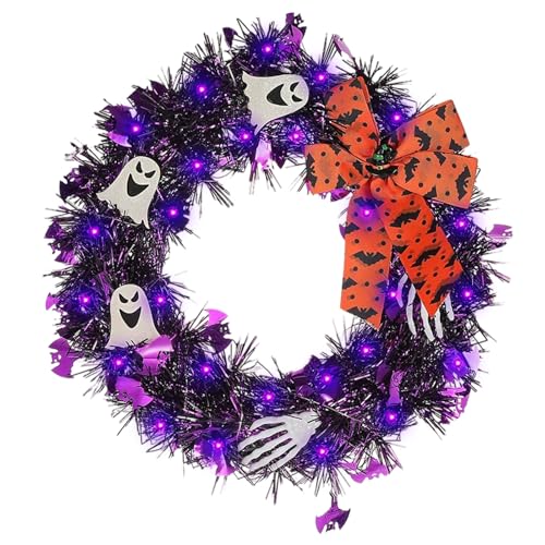 Halloween Wreath for Front Door with Lights 14 Inch Skull and Ghost Wreath Halloween Decorations for Indoor Window Party Holiday Wall Home Decor