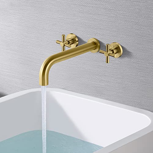 Sumerain Tub Faucet Wall Mount Tub Filler High Flow Bathtub Faucet Brushed Gold With Rough In Valve, Two Cross Handles #TOP2