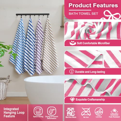 Image of JML Microfiber Bath Towels Set, 2 Pack, 30 inch x 60 inch, Absorbent Quick Drying Beach Towel Cabana Stripe for Adult, Travel, Summer, Sport, Swimming, Pool, Yoga, Camping, Microfiber StripePink