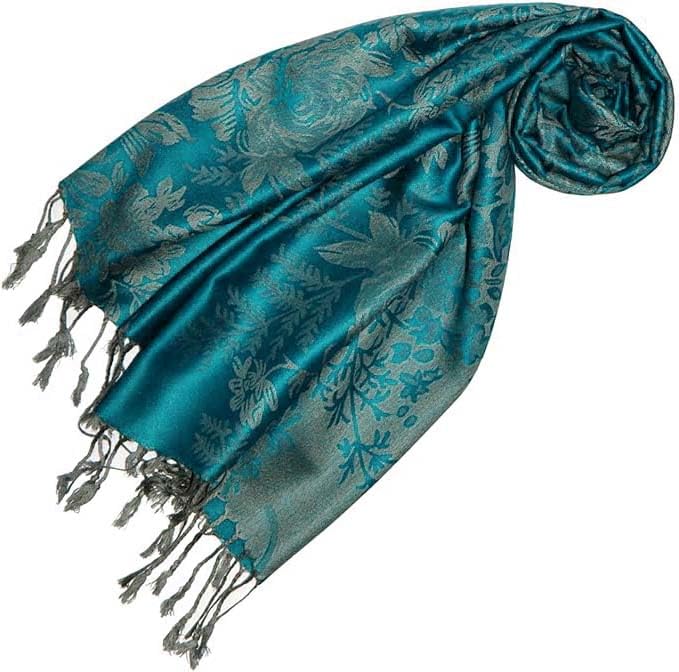 LORENZO CANA Designer Damen Pashmina hochwertiger Markenschal floral gewebtes Blumen Muster Damast Webart 70 cm x 180 cm Modal Schaltuch Schal Tuch Jacquard Damenschal türkis...