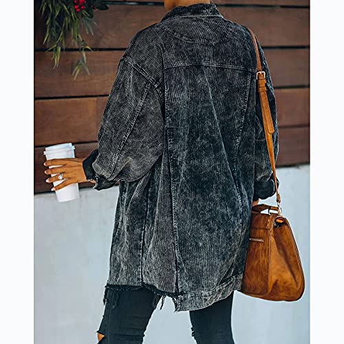 Ainangua Women's Oversized Corduroy Shirts Long Sleeve Button Down Retro Jacket Coat Shacket (Black, S) #TOP1