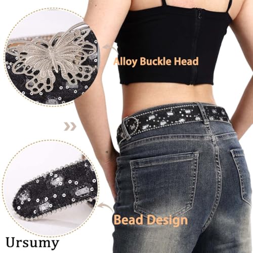 Image of Ursumy Women Denim Waist Belt Blue Jean Belt Butterfly Waist Belt Y2K Belt for Jeans Pants Ladies Cowgirls Cowboys Belt