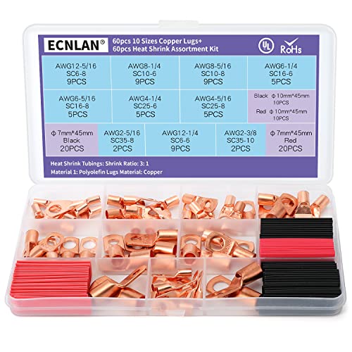 ECNLAN Copper Lugs Battery Cable Ends, AWG 2 4 6 8 12 Gauge Wire Connectors, 60Pcs Ring Terminals & 60Pcs Heat Shrink Tubings Assortment Kit