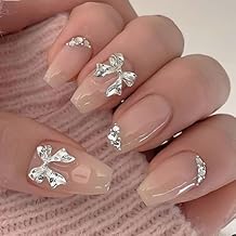 24 Pcs Nude Press On Nails with Silver Bow & Rhinestone | Glossy Square Artificial False Nails for Women | Reusable Stick On Nail Extensions with Adhesive Tabs