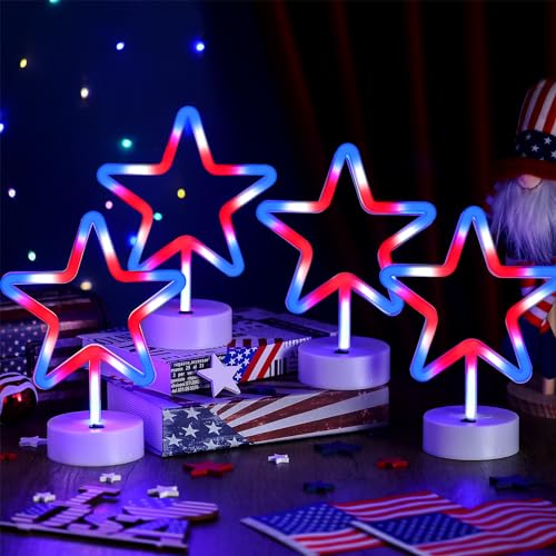 Image of 4 Pcs 4th of July Neon Star Lights, Patriotic LED Neon Star Signs Powered by USB Cable /Battery, Red White Blue Patriotic Light for Home, Tabletop, Window Memorial Day Independence Day Decor