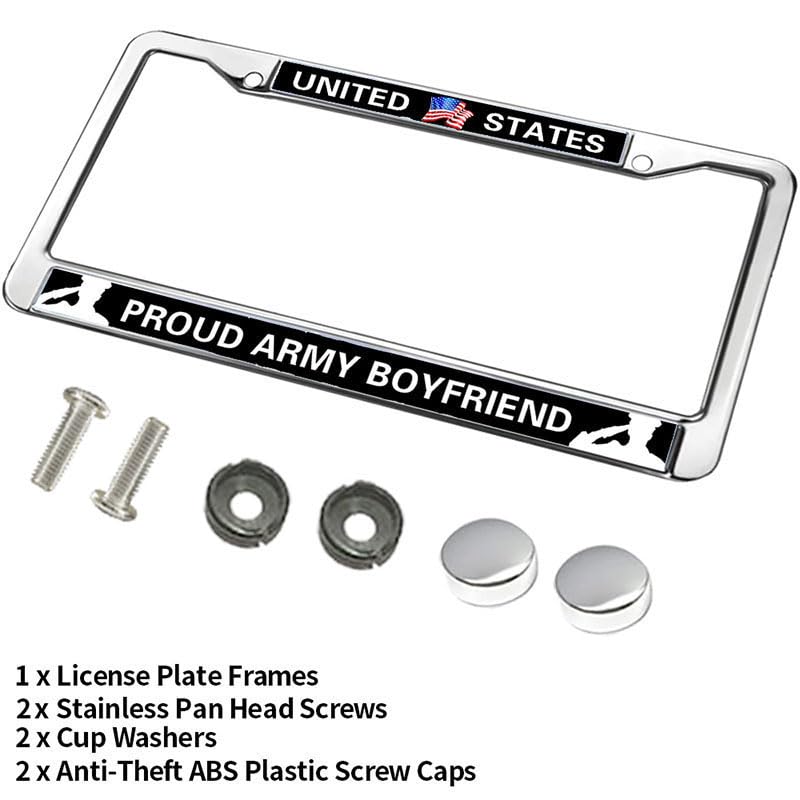 Image of Proud Army Boyfriend 2-Holes Stainless License Plate Frame,Proud US Army Polish White Stainless Steel License Plate Frame with Screws Caps Sets