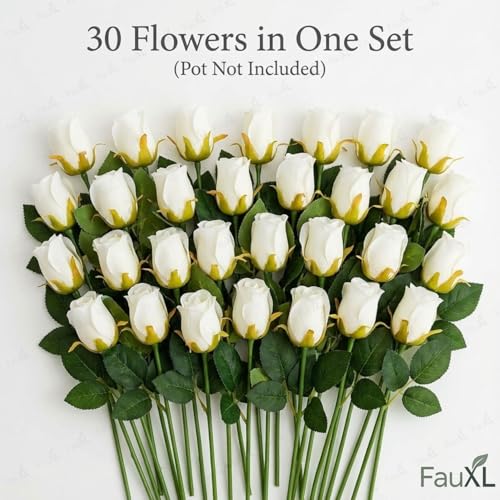 Image of Set of 24 Artificial Rose Flowers Bunches for Vase - Home Decoration Gift Items for Living Room Corner Table Top Bedroom Wedding (Pot Not Included) - 24 CM (White)