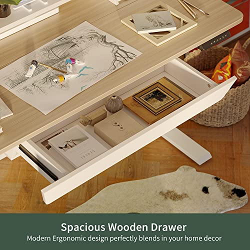 Fezibo Height Adjustable Electric Standing Desk With Three Drawers, 48 X 25 Inch Table With Storage Shelf, Sit Stand Desk With Storage Space, Splice Board With White Frame/Light Walnut Top, 48 Inch #TOP2