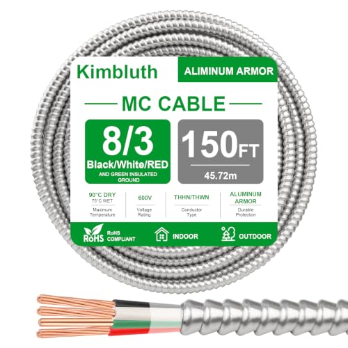 8/3 Metal Clad (MC) Cable with Ground 150ft, 8 Gauge Electric Wire with Aluminum Armor, Solid Bare Copper Conductors for Indoor Outdoor Underground Embedded Installation (8/3, 150 FT)