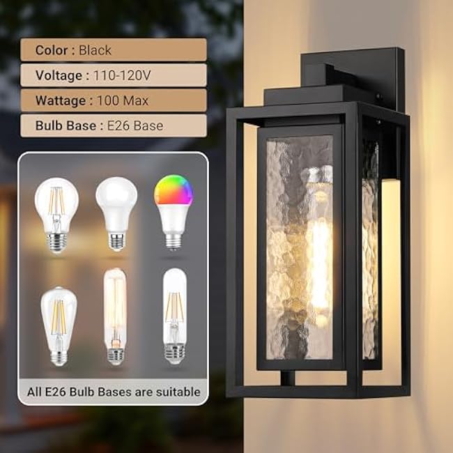 Water Ripple Outdoor Wall Lantern Exterior Porch Light Fixture Black 2 Pack Sconce Lighting