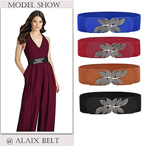 Alaix Women's Stretchy Belt For Dresse Jumpsuit Dress Belts Vintage Elastic Wide Leaf Waist Belt Waistband Black-M #TOP4