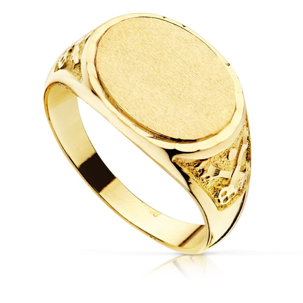 Sello oro 18k hombre macizo cabeza ovalada lisa detalles tallados laterales