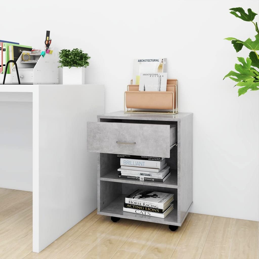 Mobiletto arrotolabile, grigio cemento, 46 x 36 x 59 cm, in legno, design moderno, con 4 ruote, bloccabile, per ufficio, casa, camera da letto, cucina, magazzino