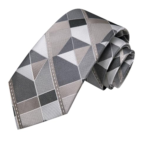 Image of Hi-Tie Grey Checkered Suit Neckties for Men Classic Woven Tie and Pocket Square Lapel Pin Silver Tie Clip Cufflinks Set Wedding Business 6PCS