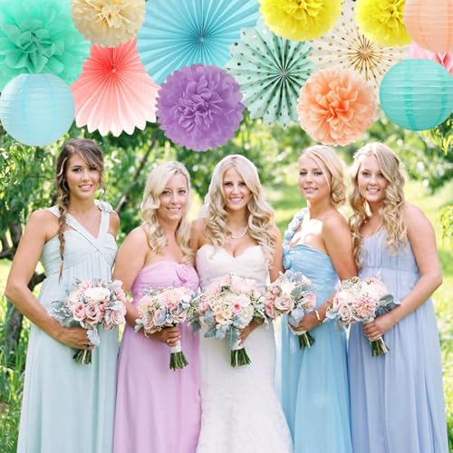Image of Pastel Rainbow Party-Decorations - 20pcs Pink Yellow Blue Classroom Ceiling Paper Lanterns Fans ,Girl Birthday Tissue Pom Poms,Honeycomb Balls,Bunting,Baby Shower Bridal Wedding Decor Burgleda