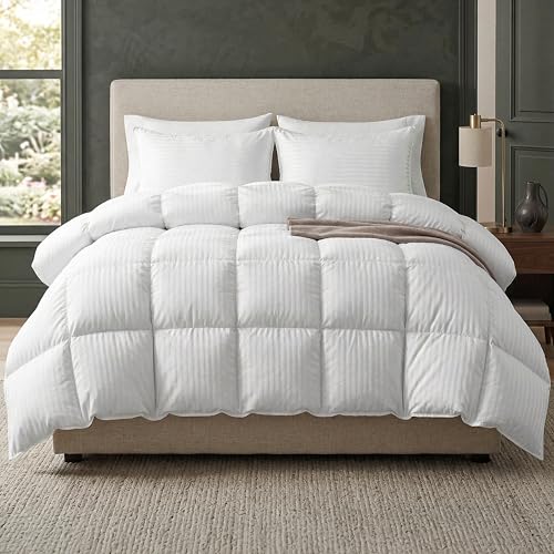 Image of Elegant Comfort 3-Piece Stripe Cotton Comforter Set - 100% Egyptian Cotton Premium Hotel Quality - Box Stitched, All Season Down Alternative Duvet Insert with Corner Tabs, Queen, White