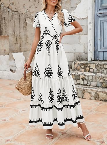 Image of PRETTYGARDEN Womens 2026 Summer Casual V Neck Boho Maxi Dress Flowy Aline Bell Sleeve Tiered Floral Dresses with Pocket
