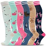 fenglaoda Compression Socks Women 20-30 mmHg 6 Pairs,Knee High,Wide Calf,Colorful,Novelty,Fun,Cute,B
