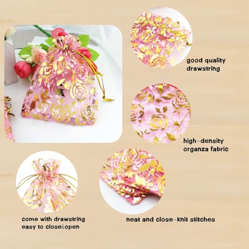 Image of 100 Pack 3.5 x 4.7 Inch Organza Jewelry Gift Pouch B921, Pink Flower