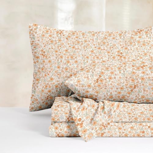 Wake In Cloud - Floral Bed Sheets 4-Piece Sheet Set Shabby Chic Flower Pattern Printed Country Coquette Cottage Aesthetic Bedding Deep Pocket Cream Orange Queen Size