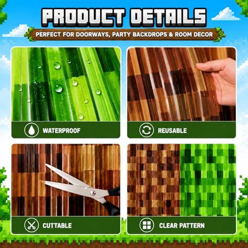 Image of 4 Pack Pixel Miner Theme Foil Fringe Curtains Video Game Birthday Decorations for Boys, Green Brown Tinsel Door Streamers for Gaming Party Photo Booth Backdrop Supplies
