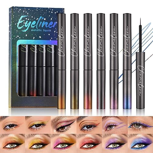 6Pcs Chameleon Eyeliner Pen, Multichrome Liquid Eyeliner Kit, Glitter Halloween Liquid Eyeliner, Multi-Reflective Eyeliner Stencils, Smudge-proof Makeup Eyeliner Pencil