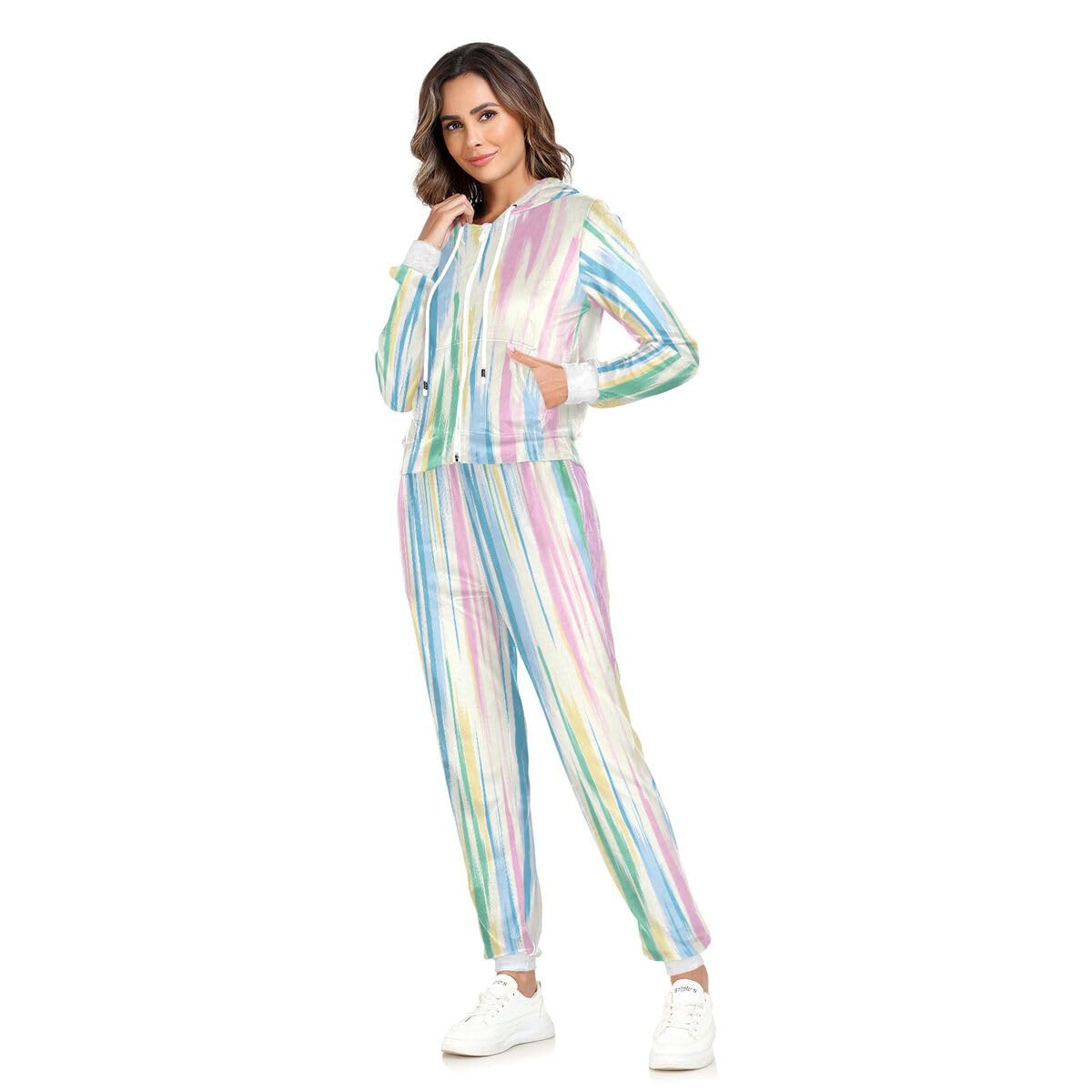Conjunto deportivo de 2 piezas para mujer, diseño abstracto a rayas, de manga larga, con patrones de pintura de acuarela