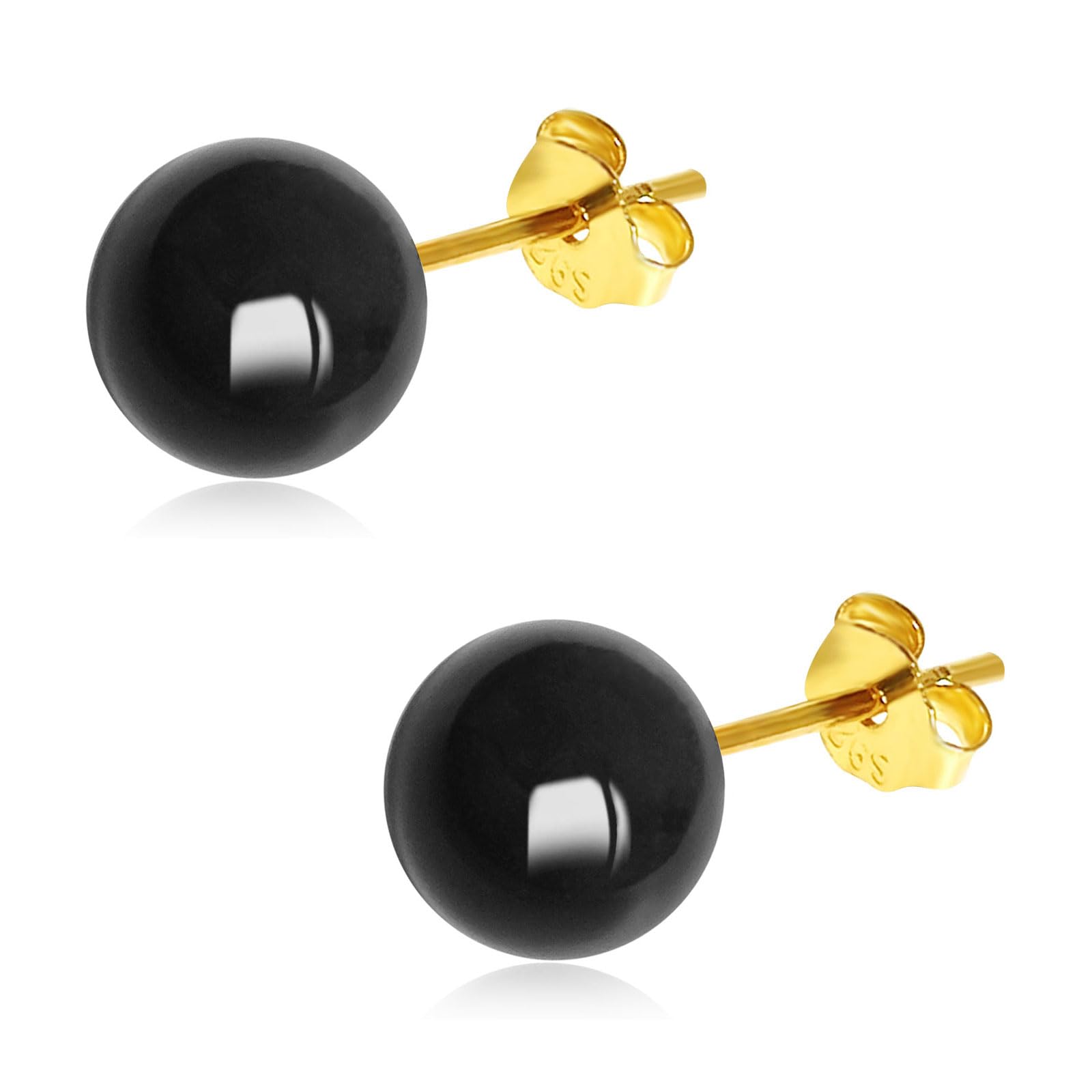 6mm Schwarz Onyx Ohrstecker für Damen Mädchen, Hypoallergen 18k Vergoldet 925 Silber Runde Naturstein Kugeln Ohrringe, Natürliche Edelstein Perlen Ohrschmuck Geschenk zum Geburtstag Jahrestag
