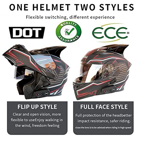 Bluetooth Motorcycle Helmet Modular Flip Up Full Face Anti-Fog Dual Visor Helmet Dot Approved Or Adults Men And Wome（Red Color-M-L-Xl） #TOP1