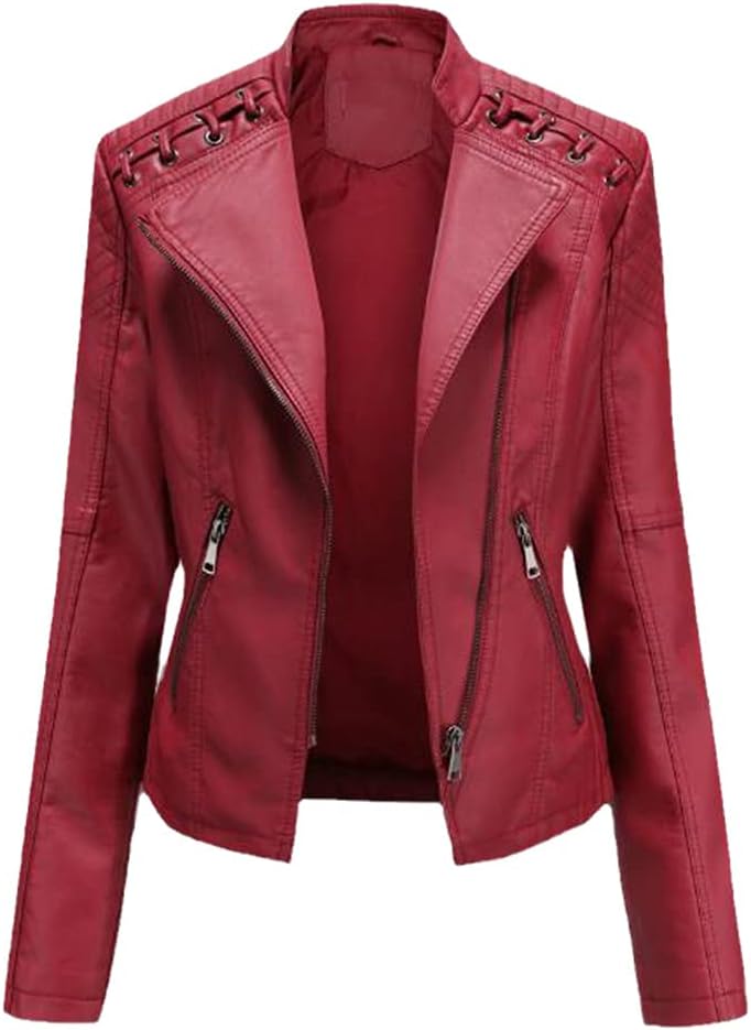 KEHAIOO Turn-Down Collar PU Faux Leather Jackets Women Luxury Jacket Black Pink Red Biker Coat