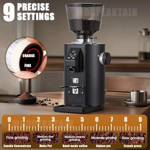 Commercial Electric Coffee Grinder - Flat Burr with 9 Settings, LED Display, Double Dosing Modes, 450g Large Bean Hopper for Espresso, Perfect for Home & Café Use - Black