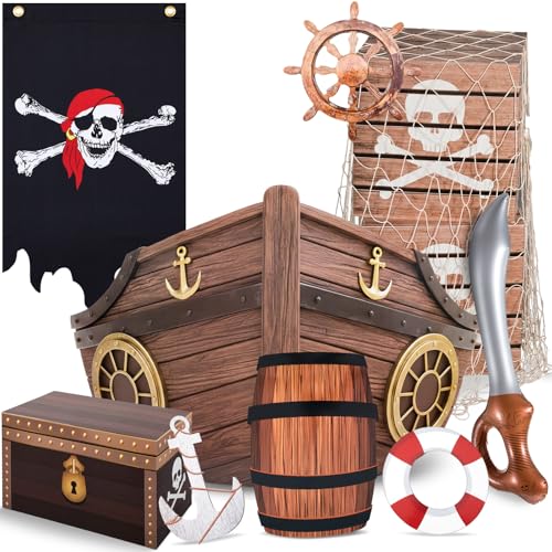 DoubleFill 11 Pcs Pirate Party Decorations Imitation Pirates Treasure Chest Box Large Pirate Ship Cardboard Fishing Net Adventure Ocean Party Favors Adventure Birthday Photo Booth Props
