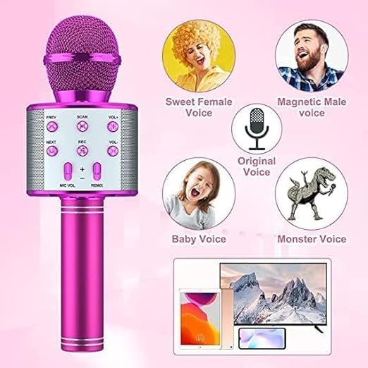 Image of VRJTEC Wireless Karaoke Microphone with Speaker | 2-in-1 Bluetooth Mic, Audio Recording, Continuous Play, USB Charging, Card Slot & AUX Port (Pink & Silver)