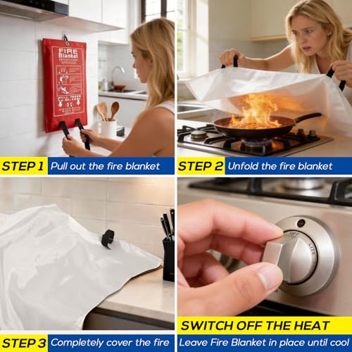 Image of FLASLD Emergency Fire Blanket for Home, 40x40 Inch Fiberglass Fire Blankets Emergency for People, Fire Suppression Blanket for Kitchen, Fire Extinguisher for Home