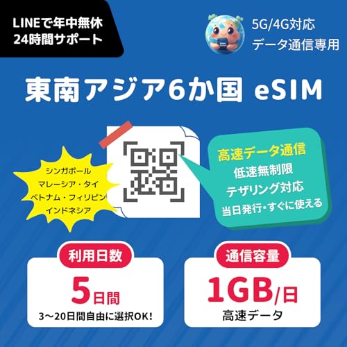 東南アジア6か国 eSIM|5日間 1GB/日 高速データ+低速無制限|シンガポール・マレーシア・タイ・ベトナム・フィリピン・インドネシア対応|即日メール発行・すぐ使える・24時間LINEサポート|東南アジア sim (5日間)