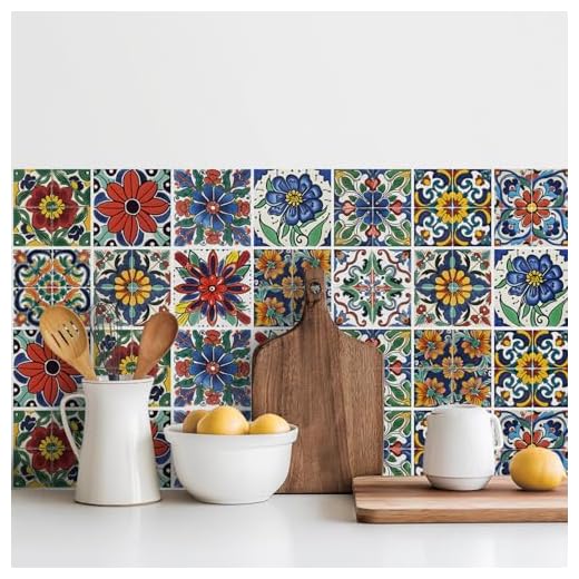30 Pcs Mediterranean Style Peel and Stick Wall Tile Decals - Waterproof Vinyl Stickers for Kitchen Backsplash, Bathroom, Stair Riser Decor - Spanish Floral Pattern - 4x4 Inch