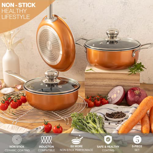 Non-Stick Cooking Pans And Pots Set - 5 Pcs Oven Safe Copper Cookware - Induction Hob Saucepan Pots With Lids - Kitchenware Frying Pan - By Nuovva - 4