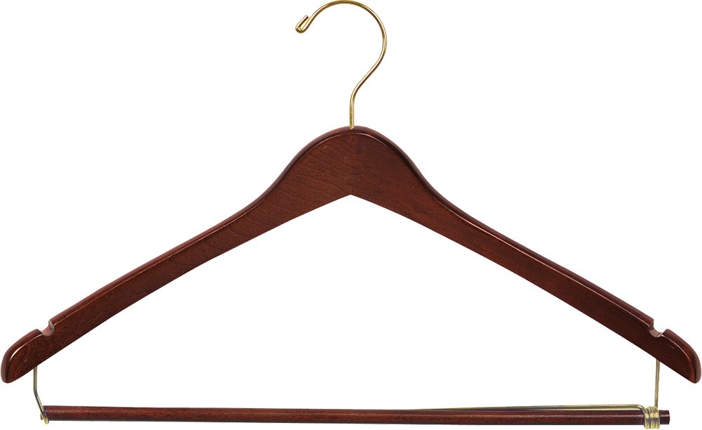 The Great American Hanger Company Curved Wood Suit Hanger w/Locking Bar, Box of 25 17 Inch Hangers w/Walnut Finish & Brass Swivel Hook & Notches for Shirt Dress or Pants