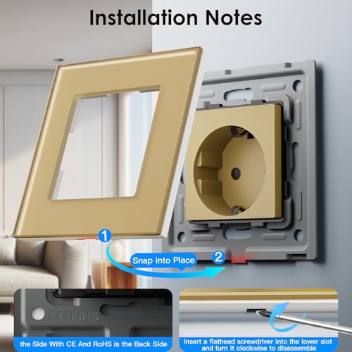 BSEED Normale Steckdose mit Smart ZigBee Lichtschalter, intelligenter Wandschalter Kompatibel mit Alexa und Google Home, 2 fach 1 Weg Schalter 250V Golden (Hub erforderlich)