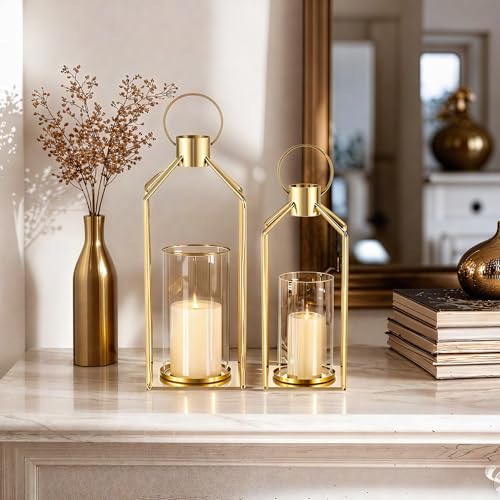 Miniatura 3 de Staymoment - Juego De 2 Candelabros Con Forma De Linterna Dorada Con Cilindro De Cristal: 2 X Portavelas De Pilares Para Decoración De Mesa Moderna Para Boda, Sala De Estar Y Armario