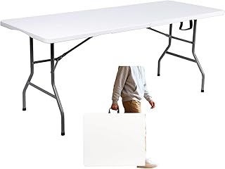 Folding Table 6 FT Portable Plastic Fold-in-Half Utility Foldable Table Suitable to Hold Large, Plastic Dining Indoor Outdoor for Camping, Picnic and Party, White