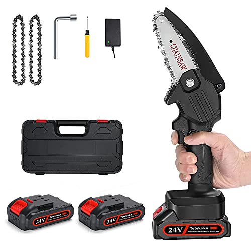 Mini-Kettensäge Kabellose 10,2 cm elektrische Power Kettensägen mit 2 Batterien, Einhand-Hand-Kettensäge für Ast…