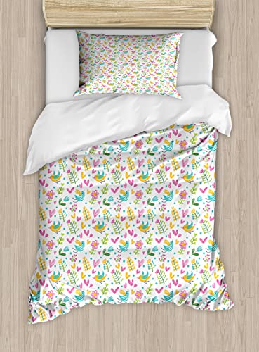 Ambesonne Leaf Duvet Cover Sets, Hand Drawn Doodle Spring Birds