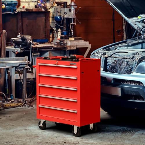 Miniatura 9 de Arebos Cajas De Herramientas Carro De Herramientas 5 Cajones Con Cierre Centralizado Incl. Alfombrillas Antideslizantes Rojo