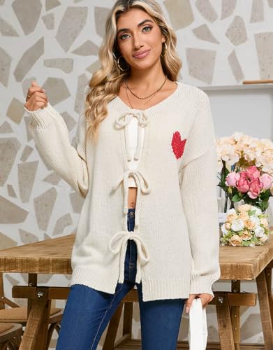 Image of Women's Tie Cardigan Sweaters Long Sleeve Chunky Knit Big Cute Heart Sweater Coats Apricot Mediuml